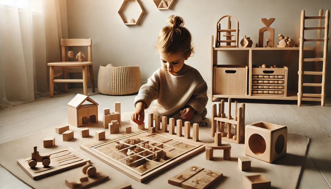 The scene features natural wooden toys such as stacking. Image show a toddler engaged with Montessori educational toys.