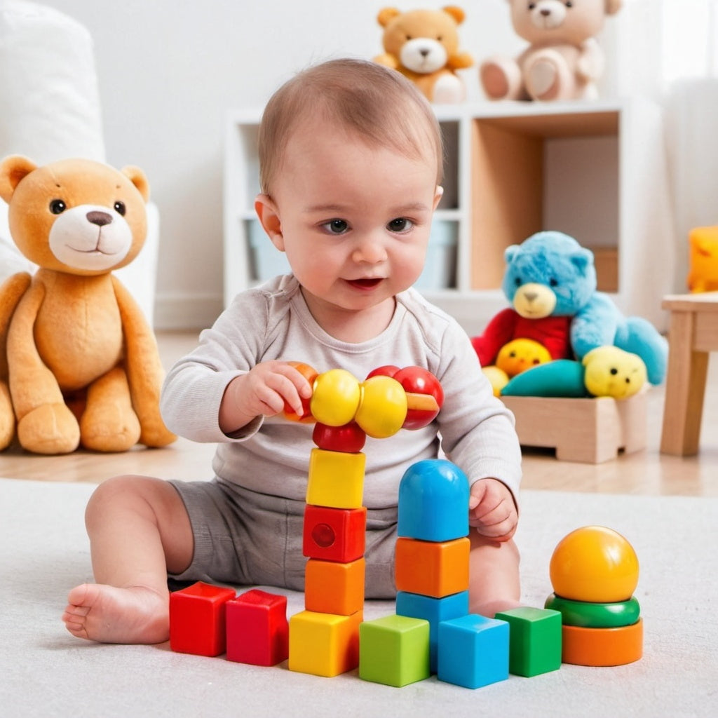 Baby playing with blocks toys and Plush bear