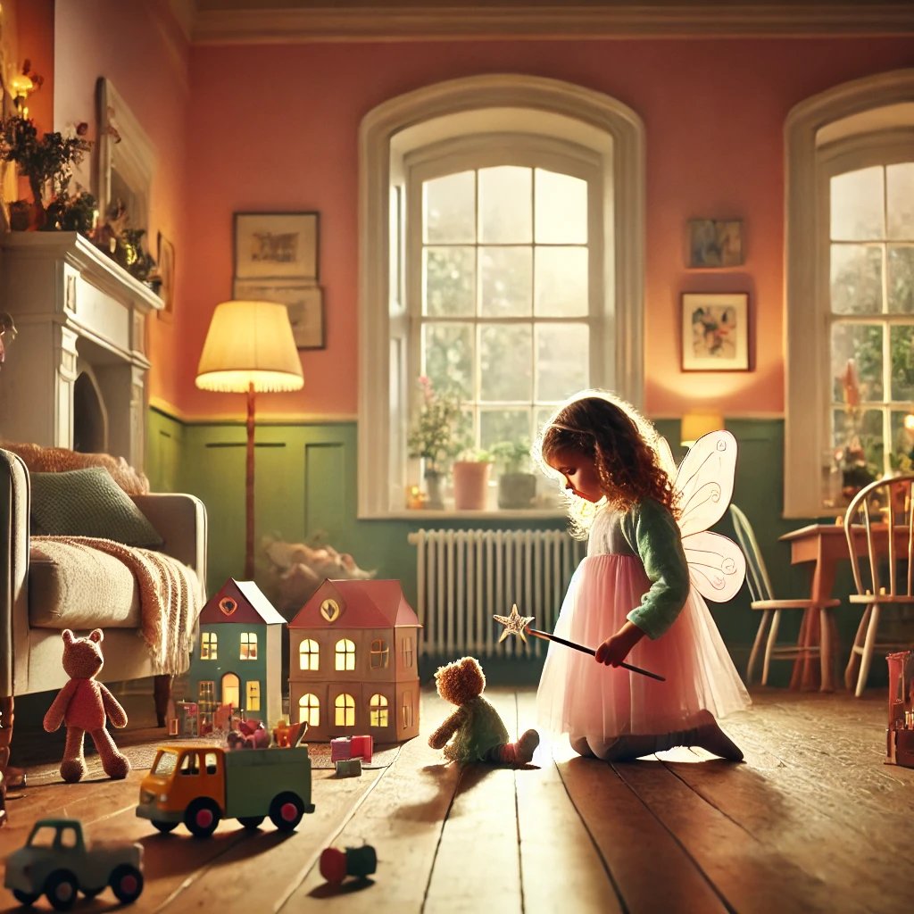 Role Play- A Little Girl wearing a fairy costume Playing in a living room with toys. Imaginative play and Pretend Play. GadWitch Toys